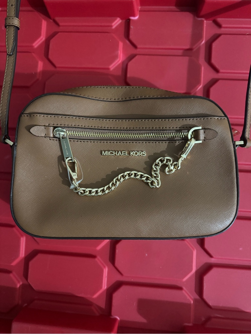 Michael Kors Brown Saffiano Leather Crossbody with Gold Chain Accent - Picture 8 of 8